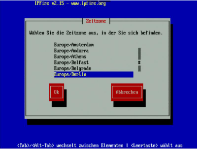 IPFire Installation-Zeitzone
